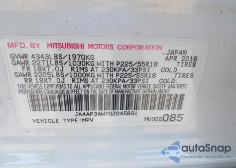 2016 Mitsubishi Outlander Sport 2.4 Es из США, поврежденный, VIN JA4AP3AW7GZ045831